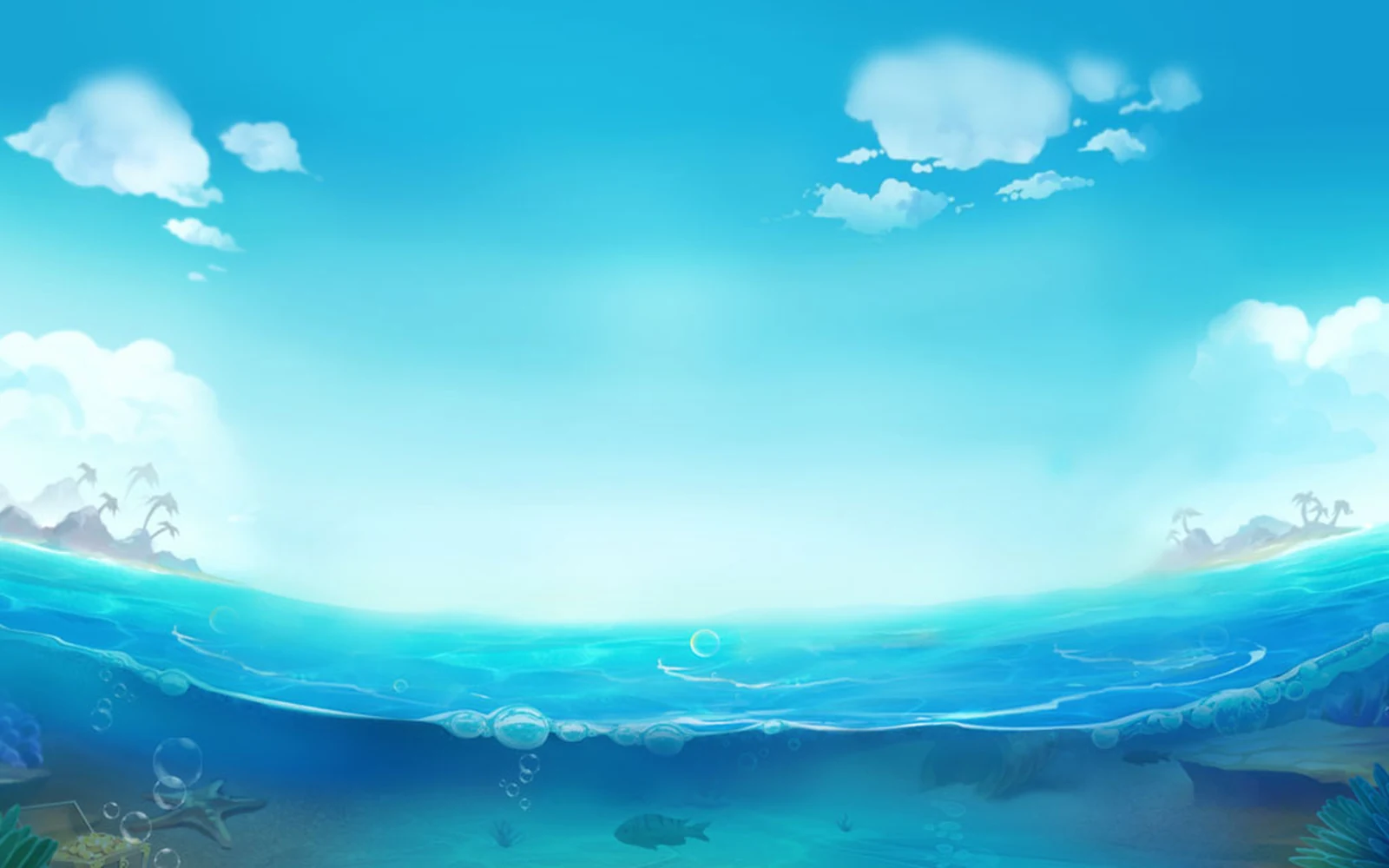 ภาพใต้น้ำในเกมยิงปลาพร้อมปลาหลากชนิดและปืนใหญ่